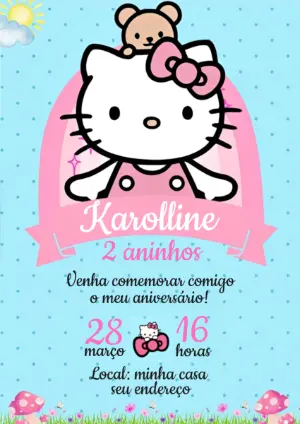 Convite de Aniversário Hello Kitty Rosa e Azul para Editar
