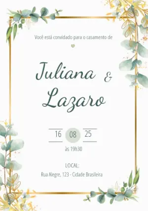 Convite de Casamento Eucalipto e Dourado para Editar Online