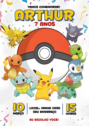 Convite Digital Pokémon para Aniversário Infantil Editável