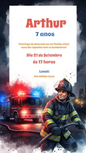 Convite de Aniversário Bombeiro Ilustrado para Editar