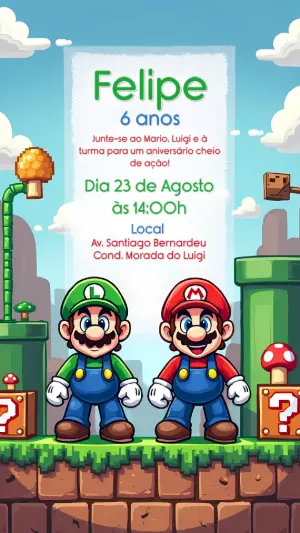 Convite de Aniversário Mario Bros com Luigi para Editar Online