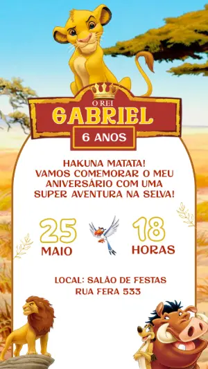 Convite de Aniversário O Rei Leão com Simba Editável