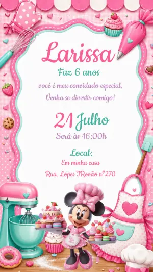 Convite de Aniversário Minnie Confeiteira Rosa Editável