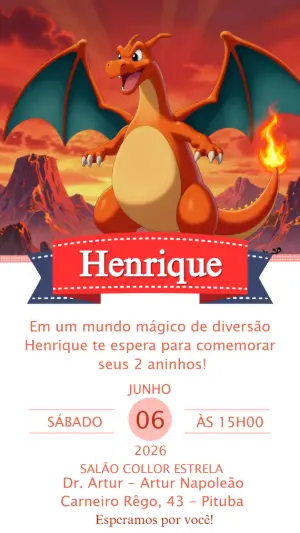 Convite de Aniversário Charizard Pokémon para Editar e Enviar