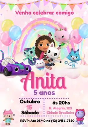 Convite de Aniversário A Casa Mágica da Gabby Editável Online