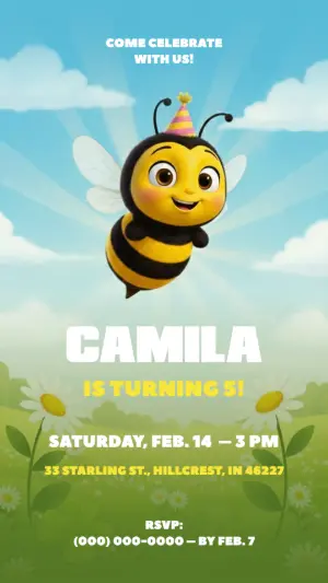 Cute Bee Birthday Invitation Editable Template for Kids