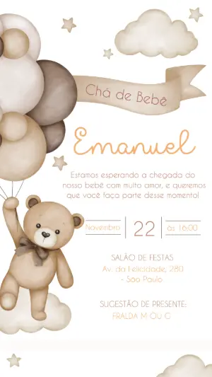 Convite Chá de Bebê Ursinho com Balões Editável