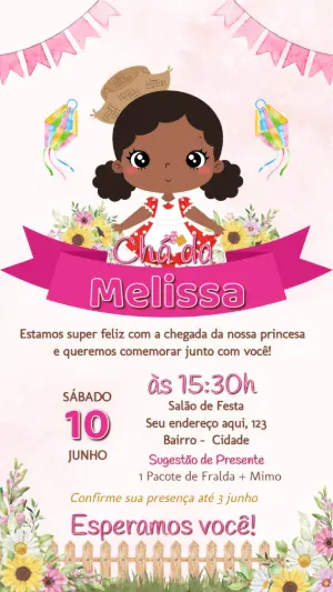 Convite Chá de Fralda Junino Menina Morena para Editar Online