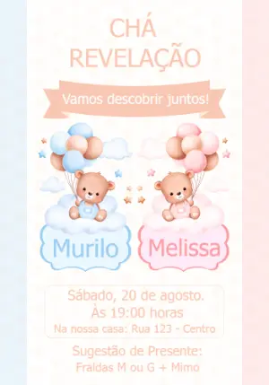 Convite Chá Revelação Ursinhos Rosa e Azul para Editar Online