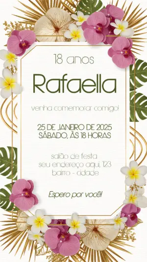 Convite de Aniversário Tropical com Orquídeas para Editar Online
