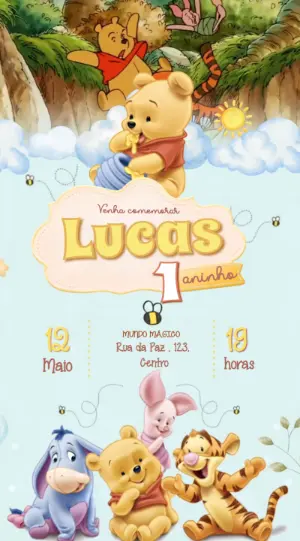 Convite Animado Ursinho Pooh: Aniversário Infantil para Editar