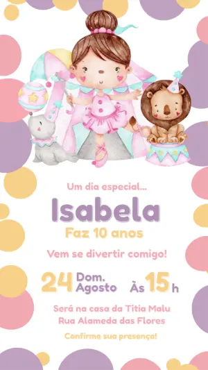 Convite de Aniversário Circo Rosa Aquarela para Editar