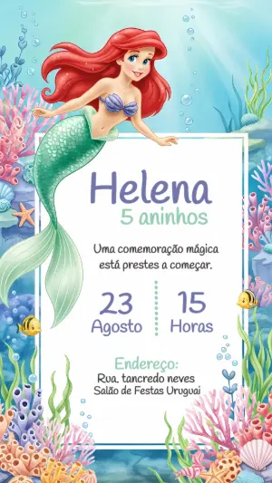 Convite Aniversário Pequena Sereia para Editar Online