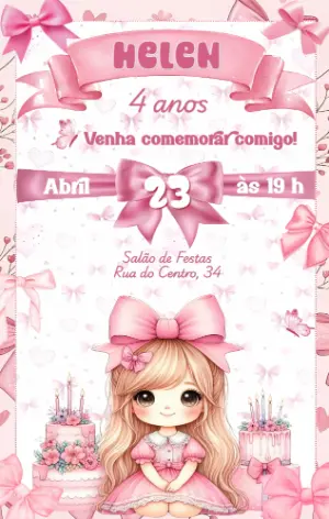 Convite Aniversário Laços Rosa com Boneca para Editar Online