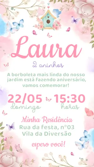 Convite de Aniversário Infantil Jardim das Borboletas Editável