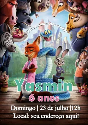 Convite de Aniversário Zootopia e Amigos Editável para WhatsApp