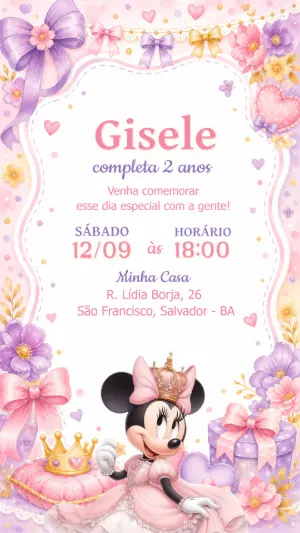 Convite Digital Aniversário Minnie Realeza para Editar