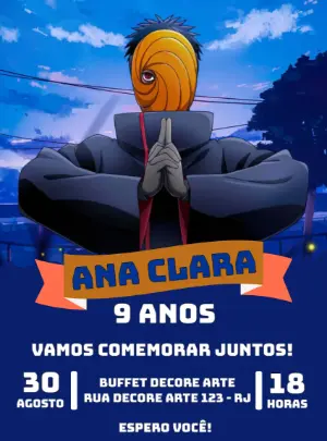 Convite Aniversário Obito Uchiha do Naruto para Editar