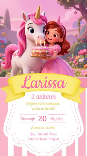 Convite de Aniversário Unicórnio Fofo 3D para Editar