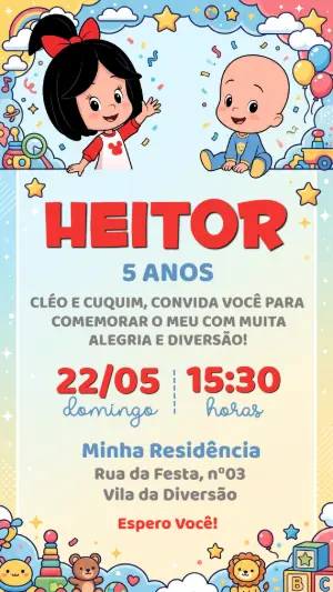 Convite de Aniversário Cléo e Cuquin Colorido para Editar