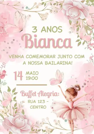 Convite de Aniversário Bailarina Rosa Aquarela para Editar
