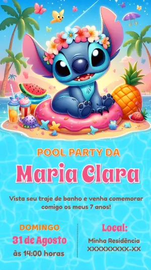 Convite Aniversário Pool Party Stitch para Editar Online