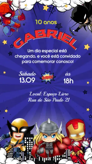 Convite de Aniversário Vingadores e Heróis Chibi Editável