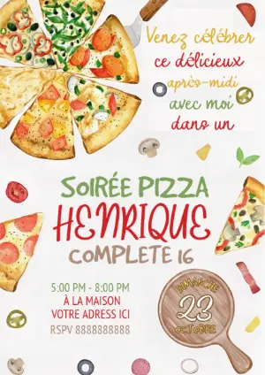 Invitation Soirée Pizza Anniversaire Style Aquarelle à Éditer