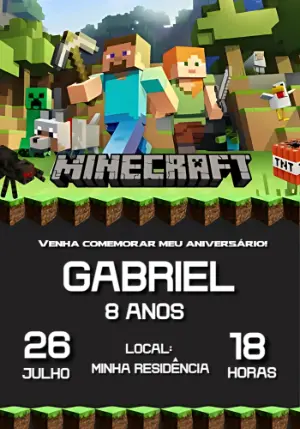 Convite de Aniversário Minecraft com Personagens para Editar