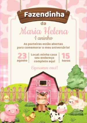 Convite Aniversário Fazendinha Rosa com Animais para Editar