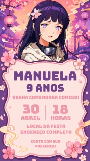 Convite de Aniversário Hinata Naruto Roxo para Editar