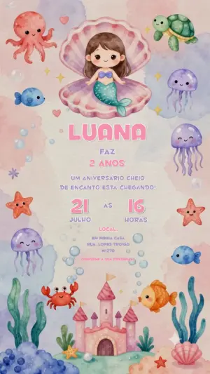 Convite Animado Aniversário Sereia Fundo do Mar para Editar