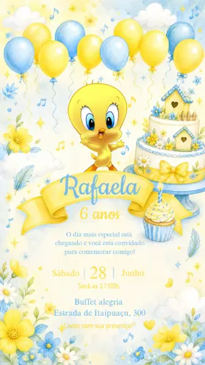 Convite de Aniversário Piu-Piu Aquarela para Editar