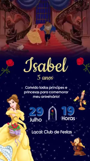 Convite Animado Aniversário A Bela e a Fera para Editar Online