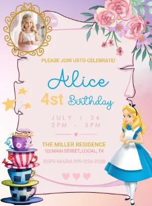 Editable Alice in Wonderland Birthday Invitation for Girls with photo