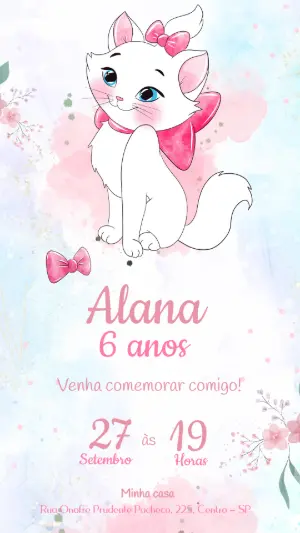 Convite de Aniversário Gatinha Marie Aquarela para Editar