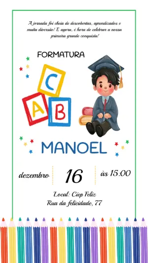 Convite de Formatura Infantil Colorido com Formando Editável
