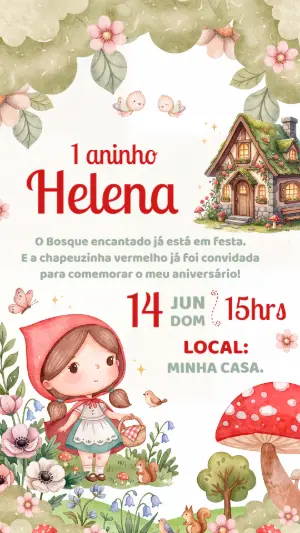 Convite Chapeuzinho Vermelho Aquarela para Aniversário Editável