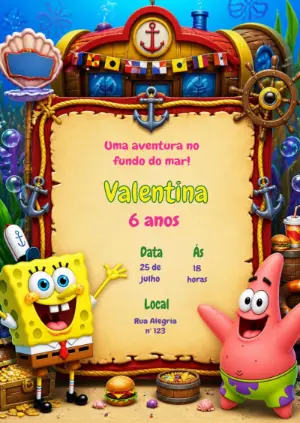Convite de Aniversário Bob Esponja: Modelo Digital para Editar