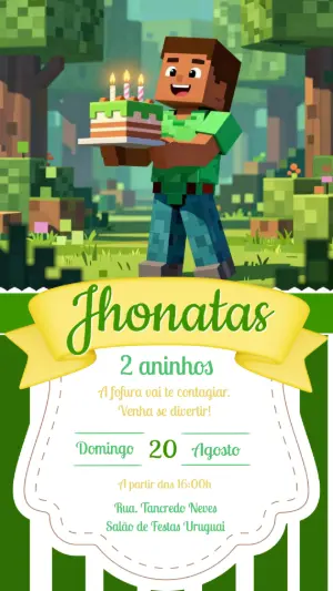 Convite de Aniversário Minecraft Pixelado para Editar