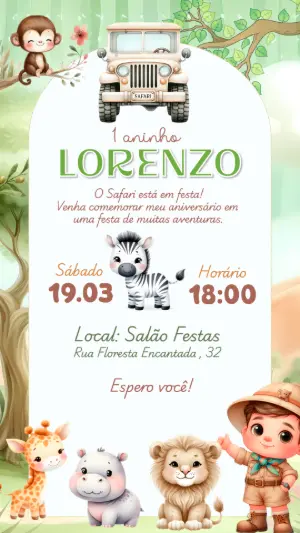 Convite de Aniversário Safari com Animais para Editar Online
