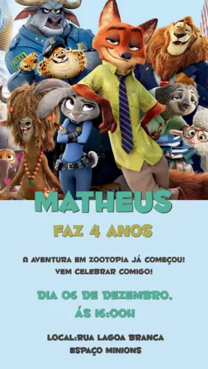 Convite de Aniversário Zootopia Editável para Enviar