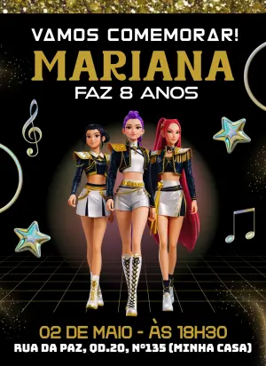 Convite de Aniversário Guerreiras do Kpop Dourado para Editar