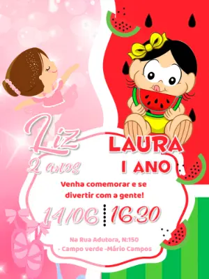 Convite Aniversário Duplo Magali Baby e Bailarina para Editar