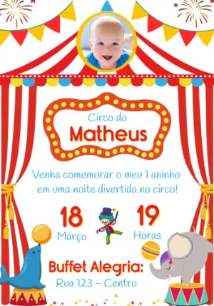 Convite de Aniversário Circo Vermelho com Foto para Editar
