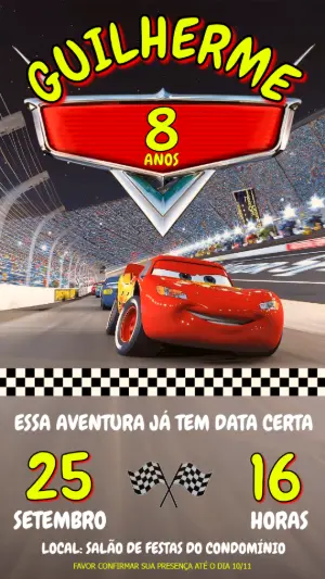 Convite Aniversário Carros Relâmpago McQueen para Editar