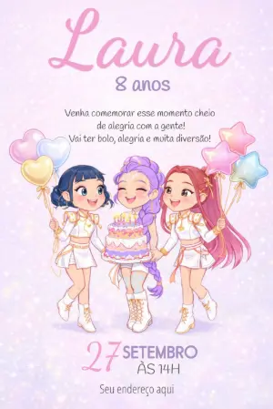 Convite Aniversário Guerreiras K-pop Rosa Modelo Editável