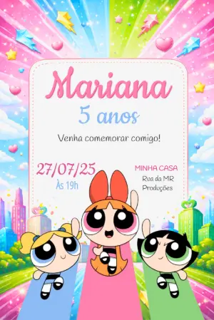 Convite de Aniversário Meninas Superpoderosas Colorido para Editar