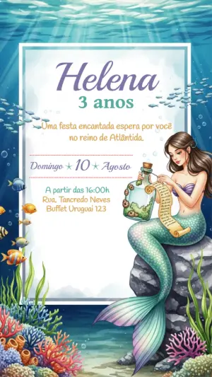 Convite Aniversário Sereia Aquarela para Editar Online