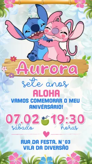 Convite de Aniversário Lilo & Stitch Tropical para Editar